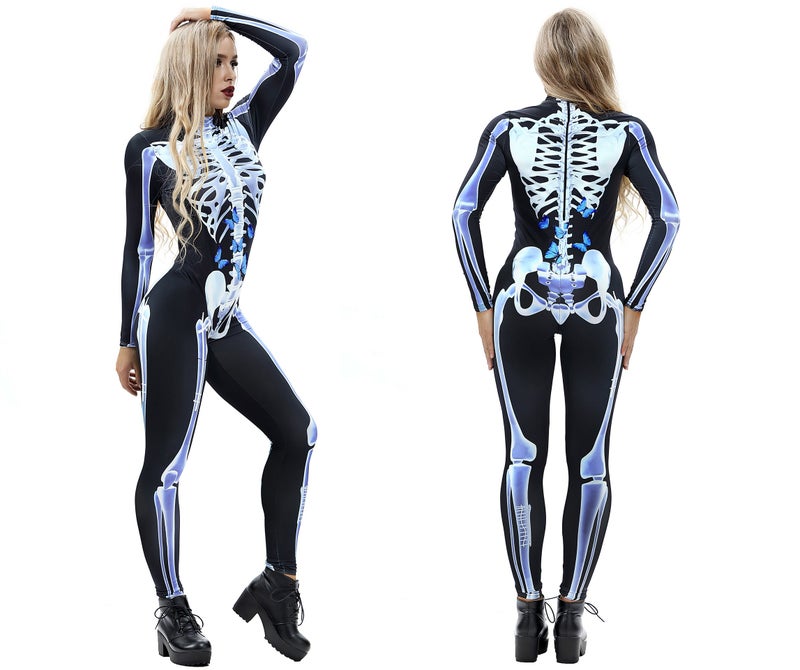URVIP Women Halloween Skeleton Costume Stretch Skinny Catsuit Jumpsuit Bodysuit Color-BAX-012 M - Image 3